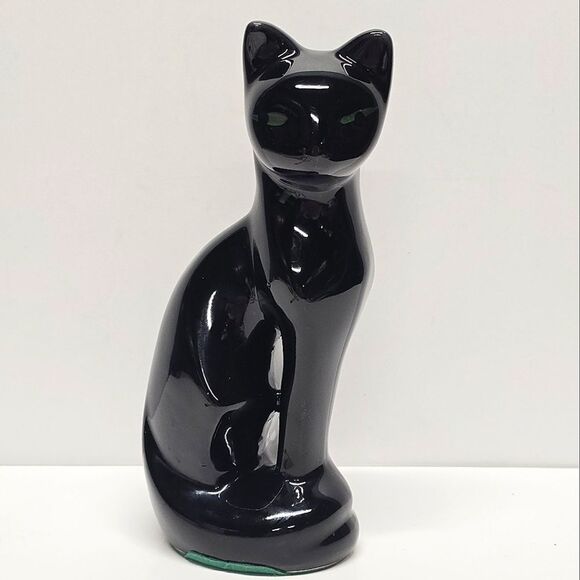 Vintage Black Glazed Ceramic Siamese Cat Figurine MCM Halloween Decor - Picture 1 of 9